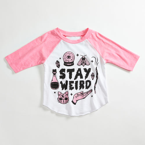 Stay Weird Solid White/Pink Raglan Kids T-Shirt