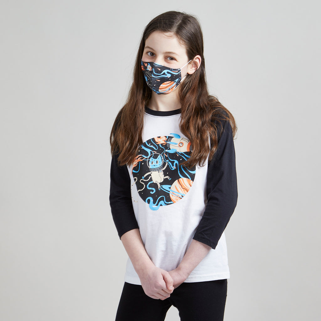 Space Cat Unisex Youth Raglan + Unisex Youth Mask Matching Set. White/Black  Triblend 3/4 length baseball kids tee. Cotton mask for boys and girls. Made  in the