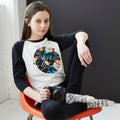 Space Cat Unisex Kids Raglan T-Shirt. White/Black Triblend 3/4 length baseball kids tee. Shirt for Boys and Girls