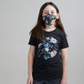 Space Cat Unisex Tee + Unisex Youth Mask Matching Set.  Heather Black Triblend kids tee. Cotton mask for boys and girls. Made in the USA.