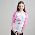 Skater Doughnut Unisex Kids Raglan T-Shirt. White/Pink Triblend 3/4 length baseball kids tee. Shirt for Boys and Girls