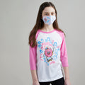 Skater Doughnut Unisex Youth Raglan + Unisex Youth Mask Matching Set. White/Pink Triblend 3/4 length baseball kids tee. Cotton mask for boys and girls. Made in the USA