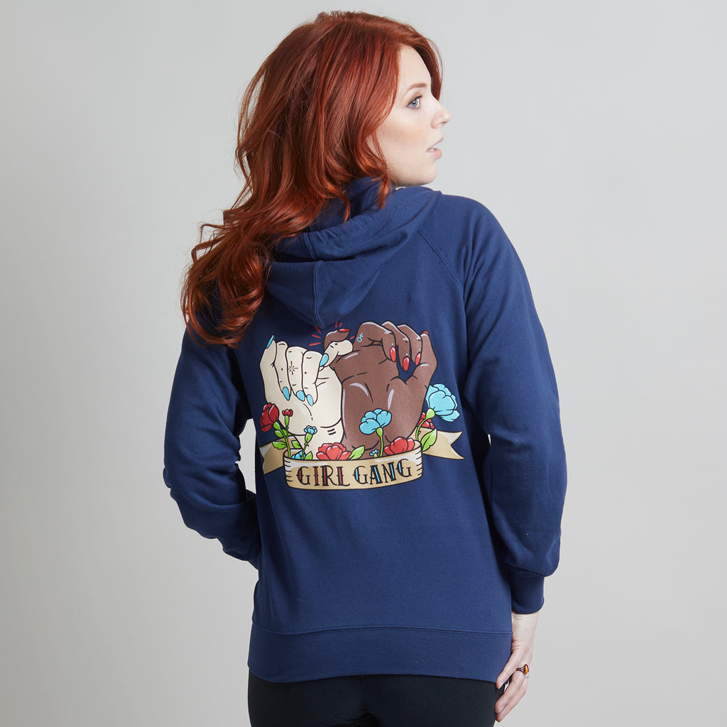 Girl Gang Unisex Hoodie. Indigo Zip Up Sweatshirt for Men and