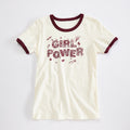 Girl Power Womens Vintage Ringer Tee. '90s style Off White tee with maroon rings. Celebrates Girls and Women.