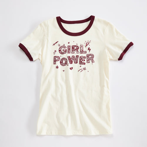 Girl Power Womens Vintage Ringer Tee. '90s style Off White tee with maroon rings. Celebrates Girls and Women.