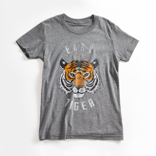 Easy Tiger Vintage Unisex Youth T-Shirt. Heather Grey Kids Triblend Tee with Tiger. Shirt for Boys and Girls. Made in USA