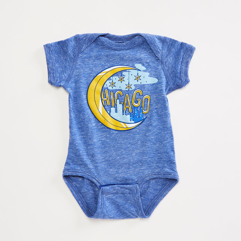 Chicago Moon Heather Blue Infant Bodysuit. Chicago pride baby one piece, new baby gift.