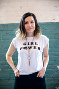 Girl Power Ladies White Rolled Cuffs Muscle Tee