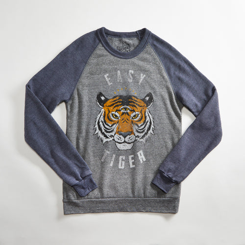 Easy Tiger Vintage Unisex Raglan Crewneck Sweatshirt. Fashion Fit Heather Grey Sweatshirt with Navy Sleeves for Men Women.