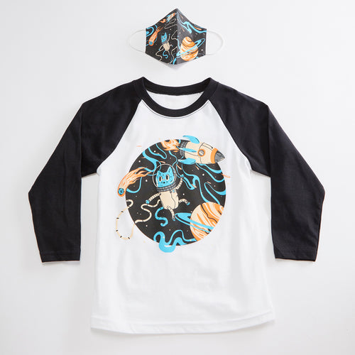 Space Cat Unisex Youth Raglan + Unisex Youth Mask Matching Set.  White/Black Triblend 3/4 length baseball kids tee. Cotton mask for boys and girls. Made in the USA.