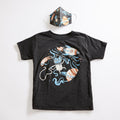Space Cat Unisex Tee + Unisex Youth Mask Matching Set.  Heather Black Triblend kids tee. Cotton mask for boys and girls. Made in the USA.