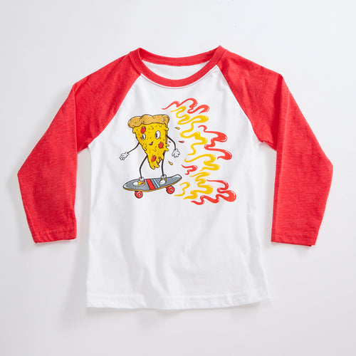 Skater Pizza Unisex Kids Raglan T-Shirt. White/Red Triblend 3/4 length baseball kids tee. Shirt for Boys and Girls