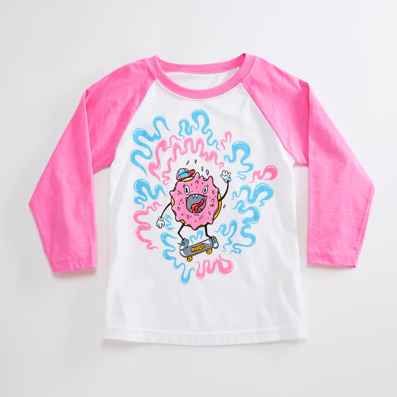 Skater Doughnut Unisex Kids Raglan T-Shirt. White/Pink Triblend 3/4 length baseball kids tee. Shirt for Boys and Girls