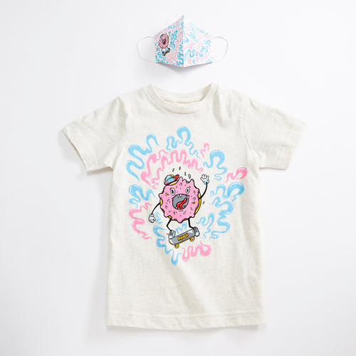 Skater Doughnut Unisex Tee + Unisex Youth Mask Matching Set.  Heather Natural Triblend kids tee. Cotton mask for boys and girls. Made in the USA.