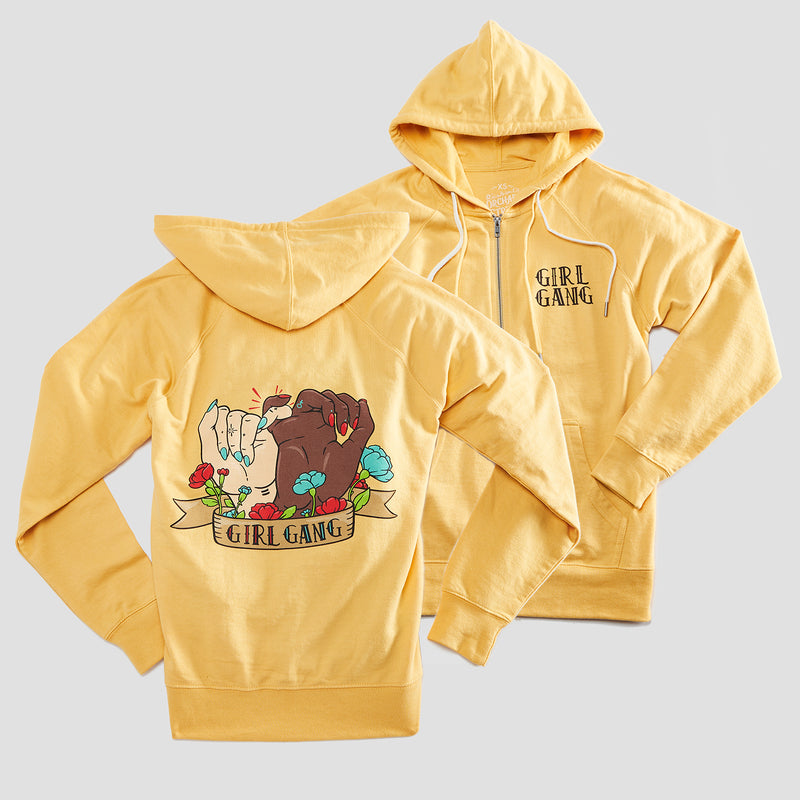 Girl Gang Unisex Hoodie. Harvest Gold Zip Up Sweatshirt for Men and Women. Made in the USA.