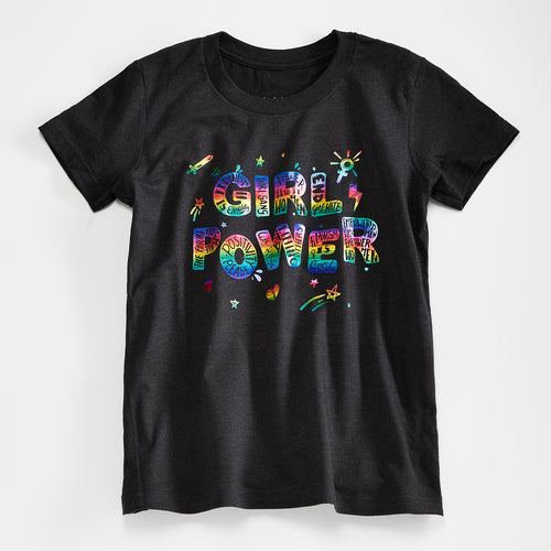 Girl Power Kids Triblend Black T-shirt. Triblend Youth Tee with Rainbow foil print. Celebrates Girls.