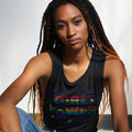 Girl Power Womens Triblend Black Muscle Tank. Heather Black tank with Rainbow foil print. Celebrates Girls and Women.
