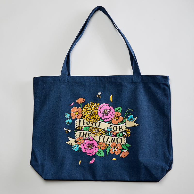 People for the Planet Pigment Dyed tote. Midnight washed navy Market Tote. Celebrates Mother Earth.