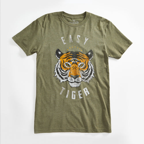 Easy Tiger Vintage Unisex T-Shirt. Slim Fit Olive Green Tee. Shirt for Men Women.
