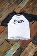Explore Retro Club Script Solid White/Black Raglan Toddler T-Shirt