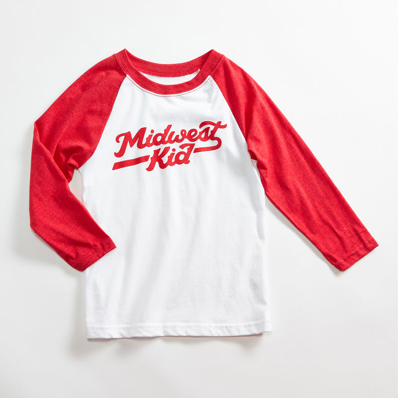 Midwest Kid Solid White/Red Raglan Sleeeves Kids Baseball T-shirt