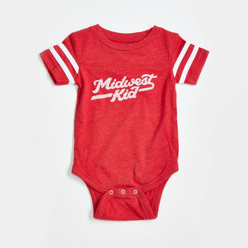 Midwest Kid Red with White Sleeve Stripes Baby Onesie
