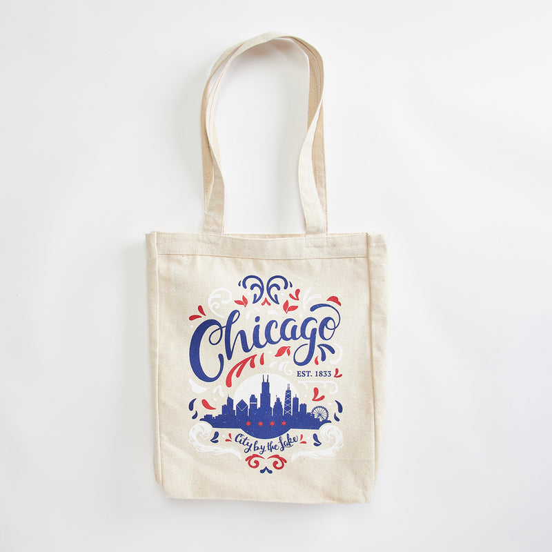Chicago City By The Lake market tote. Illinois, midwest, canvas tote made in the USA with eco-friendly inks.