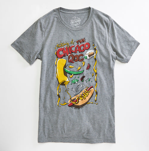 Anatomy of a Chicago Dog Unisex T-Shirt. Fashion Fit Triblend Grey Tee for Men and Women. Celebrates Chicago Hot Dogs.