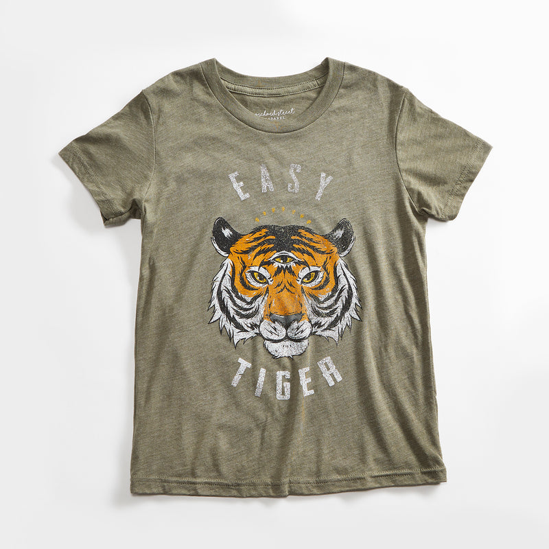 Easy Tiger Vintage Unisex Youth T-Shirt. Olive Green Kids Triblend Tee with Tiger. Shirt for Boys and Girls. Made in USA