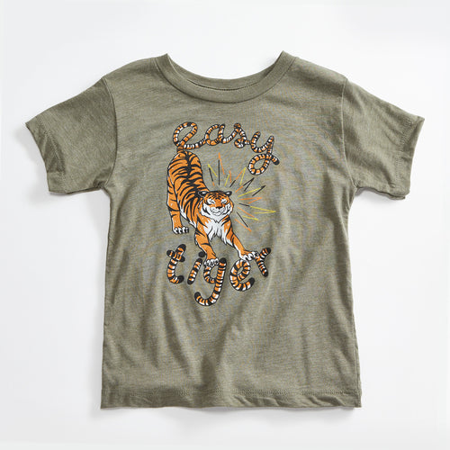 Easy Tiger Vintage Unisex Toddler T-Shirt. Olive Green Kids Triblend Tee with Tiger. Shirt for Boys and Girls.