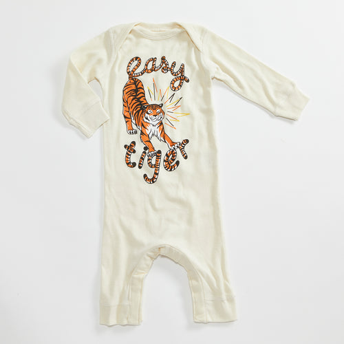 Easy Tiger Vintage Unisex Infant Bodysuit. Long Sleeve Romper. Natural baby one piece with Tiger illustration. Gender Neutral baby outfit.