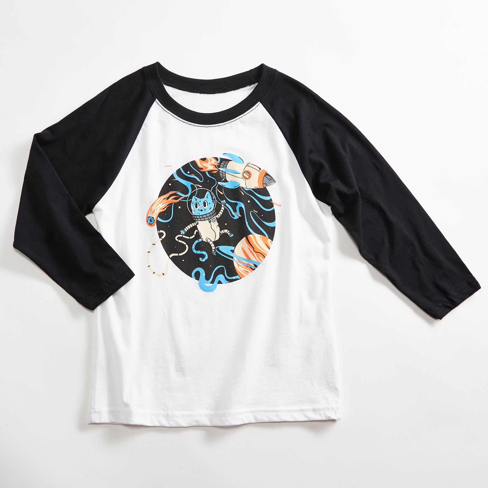 Space Cat Unisex Kids Raglan White/Black Triblend 3/4