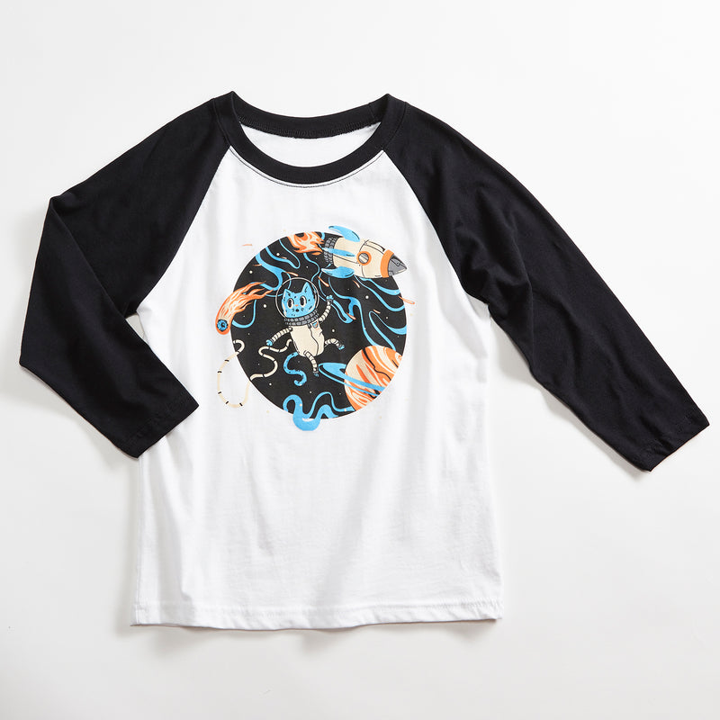 Space Cat Unisex Kids Raglan T-Shirt. White/Black Triblend 3/4 length baseball kids tee. Shirt for Boys and Girls